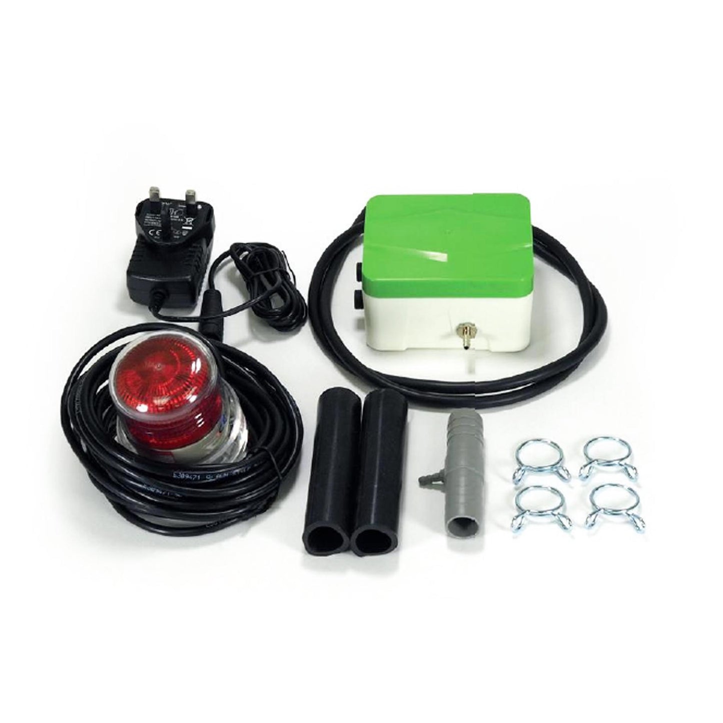 image of all the components included in the box. Alarm box, power cable, three-pin plug, beacon, tubes, t piece, hose clamps.